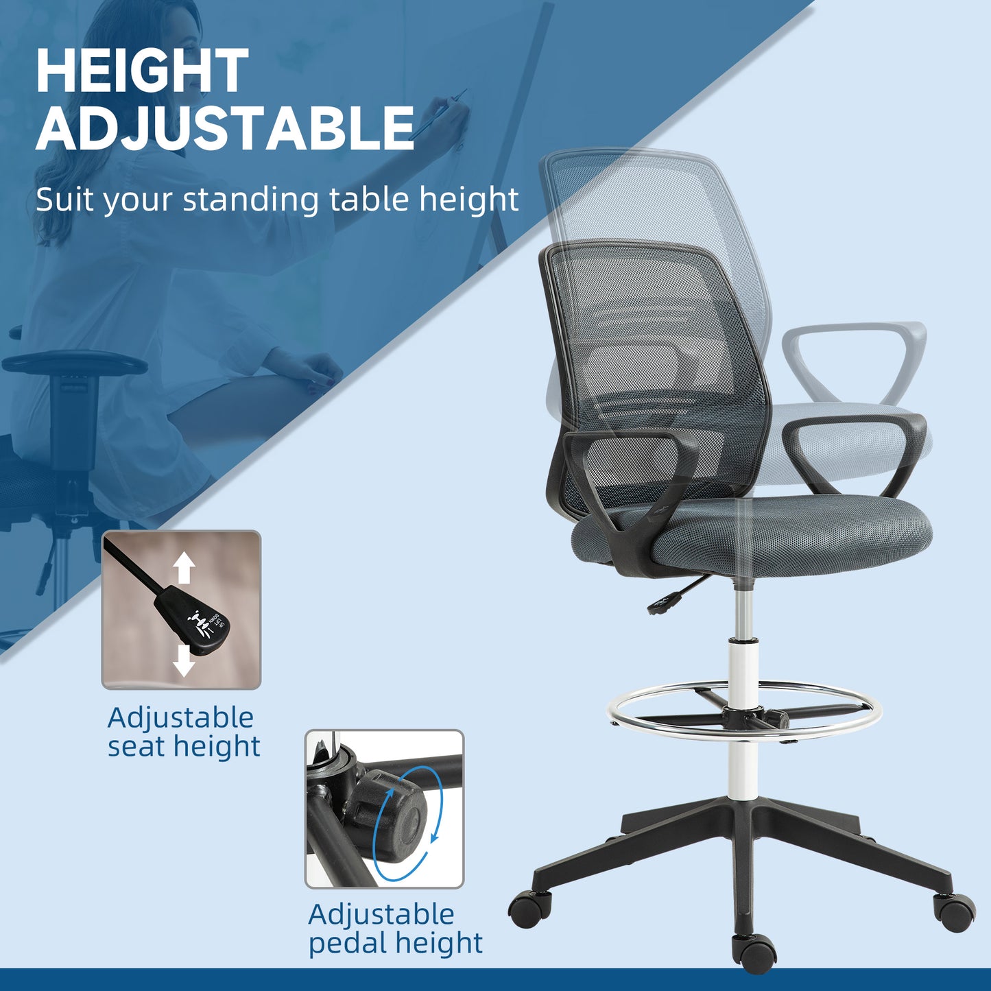 Vinsetto Adjustable Height Ergonomic Drafting Chair with Mesh Back in Grey - ALL4U RETAILER LTD