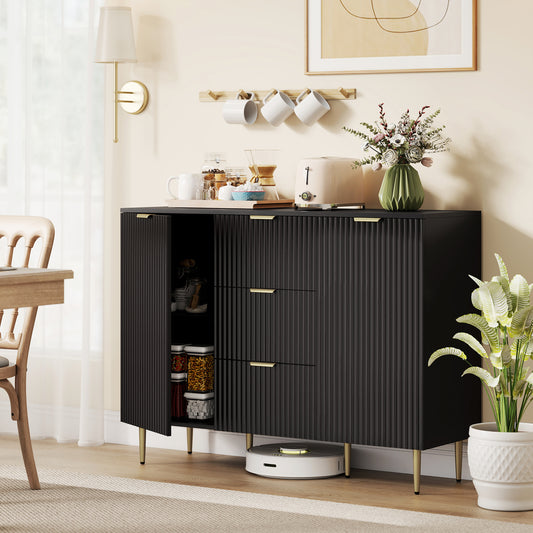 Black sideboard cabinet with two doors, three drawers, and adjustable shelf storage