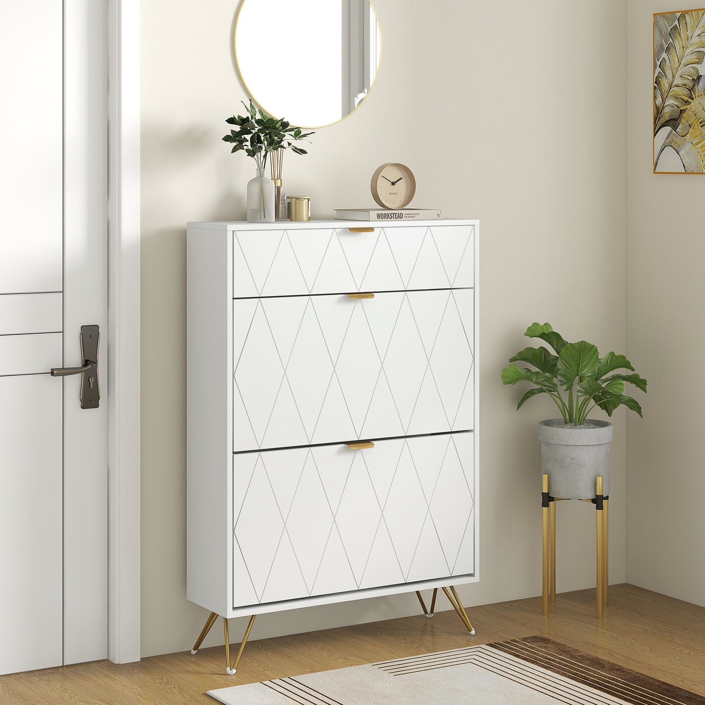 HOMCOM Slim White Shoe Storage Cabinet with Two Flip Drawers - ALL4U RETAILER LTD