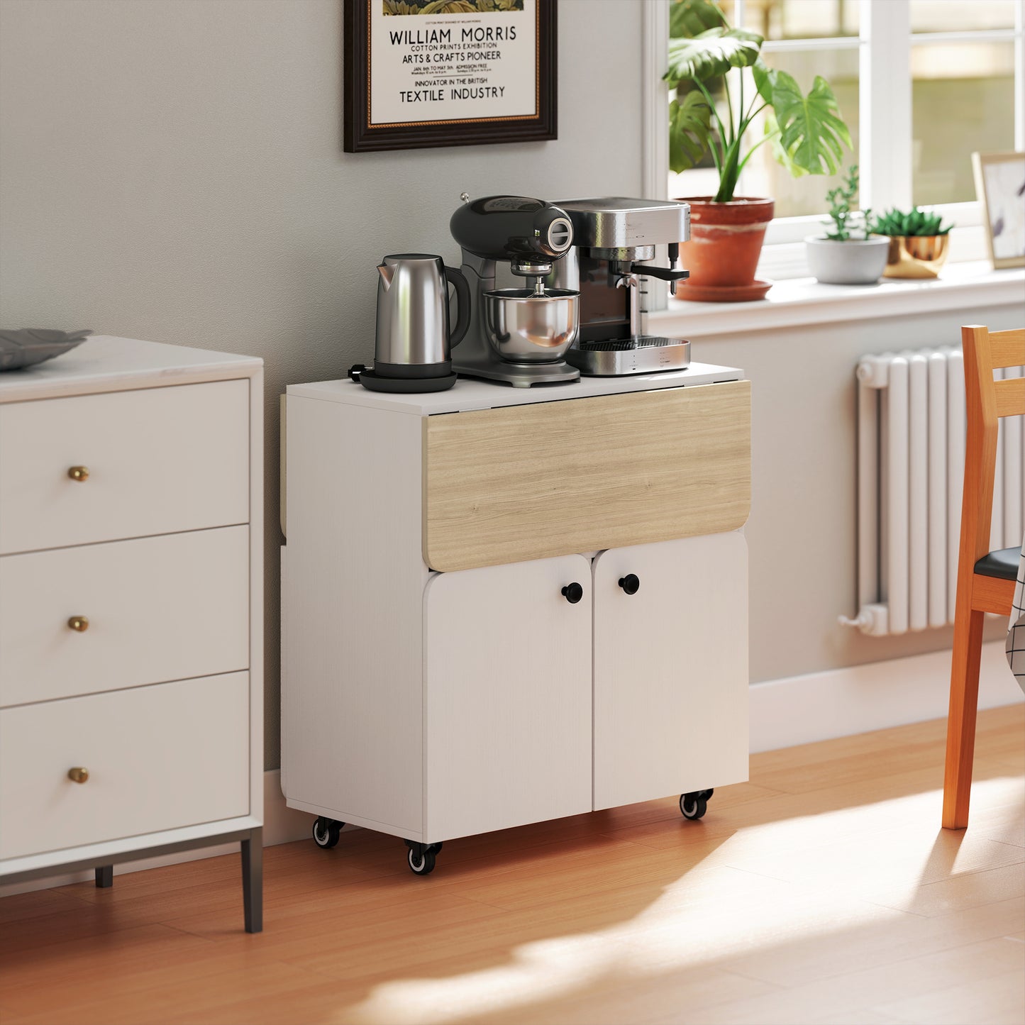 HOMCOM Folding Dining Table With Rolling Drop Leaf Hidden Shelf And Cabinet For Small Spaces White