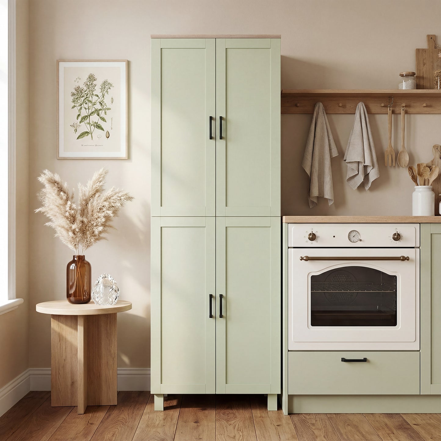 HOMCOM Freestanding Kitchen Pantry Cabinet Four Door Storage With Adjustable Shelves 170cm Tall Green
