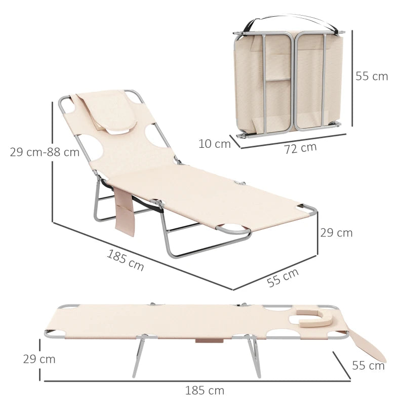 Outsunny Foldable Sun Lounger Set of 2 with Reading Hole & Arm Slots, 5-Position Adjustable Backrest, Side Pocket, Pillow for Patio, Garden, Beach, Pool - Beige Beach Chaise Lounges - ALL4U RETAILER LTD