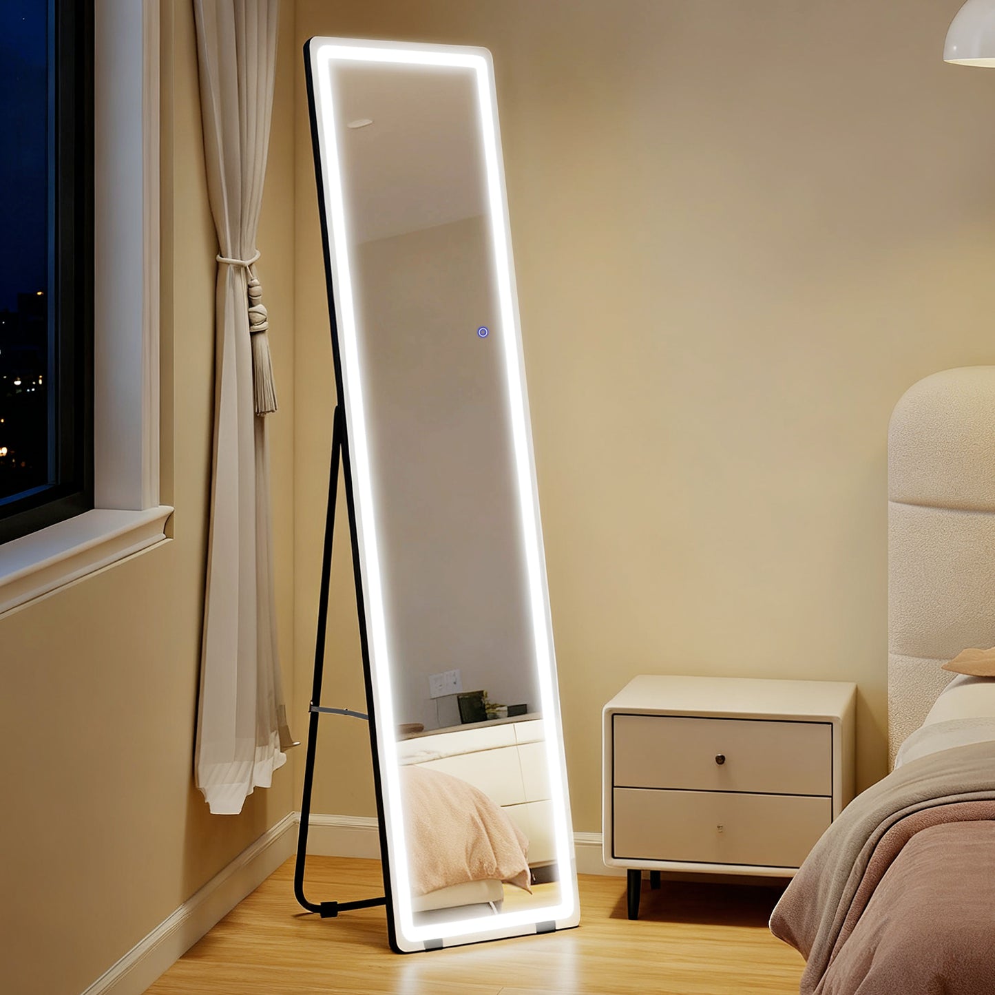 HOMCOM Full Length Mirror 160x40 Cm With LED Lights And Remote Dimmable 3 Color Modes Wall Mounted Or Freestanding Black