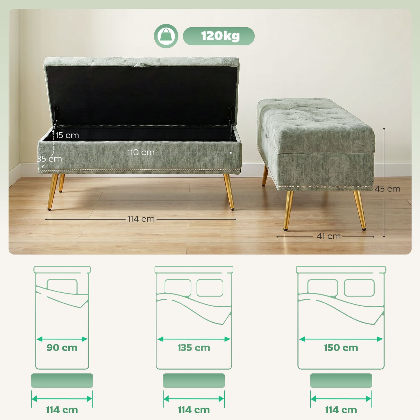 HOMCOM Storage Ottoman Chenille Upholstered Box With Padded Seat And Metal Legs Light Green 114x41x45 cm