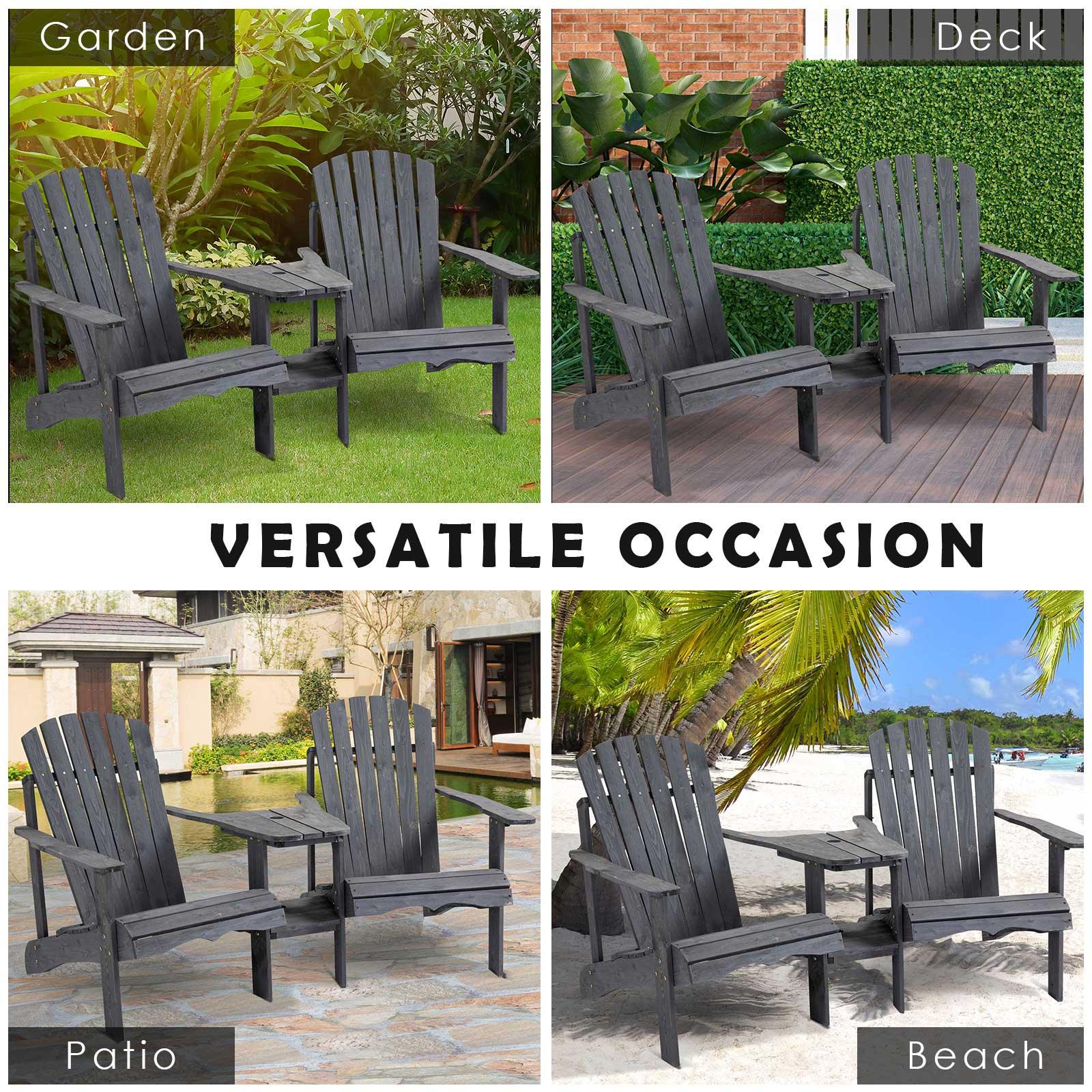 Outsunny Grey Wooden Double Adirondack Chairs with Center Table - ALL4U RETAILER LTD