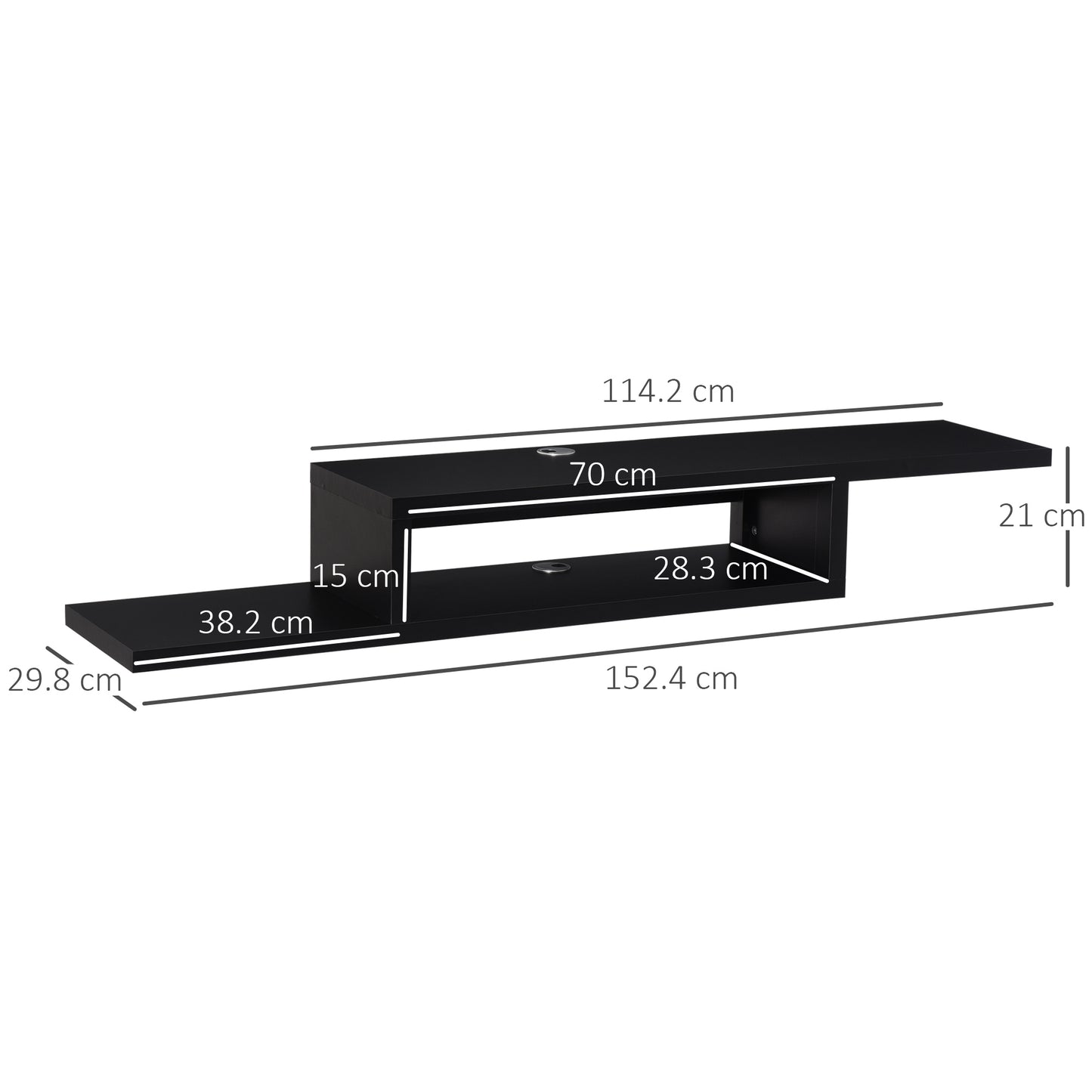 HOMCOM Floating TV Unit Wall Mounted with Open Shelf and 2 Cable Holes Black Entertainment Console for Living Room