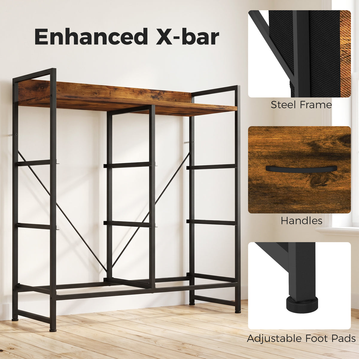 Rustic chest frame with enhanced X-bar support, steel legs, and drawer handles; adjustable foot pads