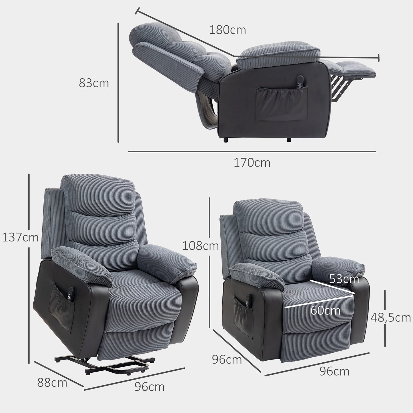 HOMCOM Overstuffed Corduroy Electric Lift Chair Dark Grey with USB Port and Recline to 150 Degrees