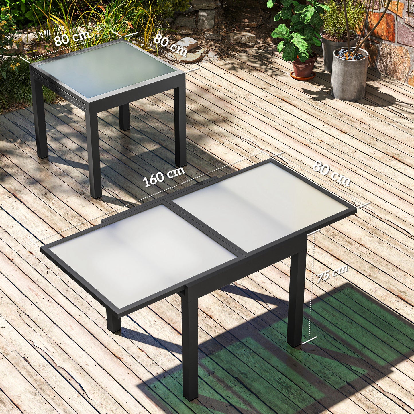 Outsunny Extending Outdoor Garden Table With Aluminium Frame And Tempered Glass Top 80 To 160 Cm Black And Clear