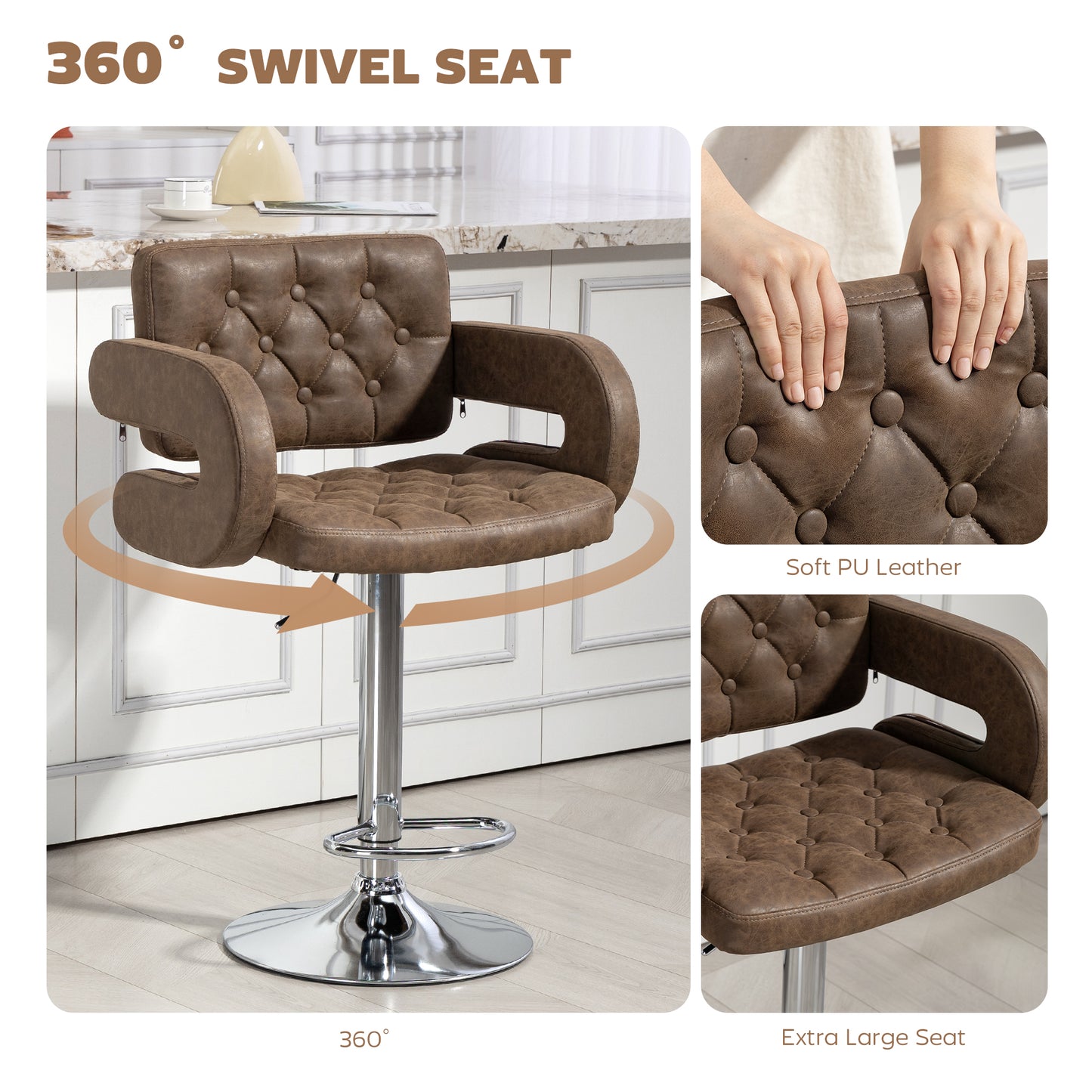 HOMCOM PU Leather Upholstered Swivel Bar Stool Height Adjustable Back Armrest Footrest Coffee