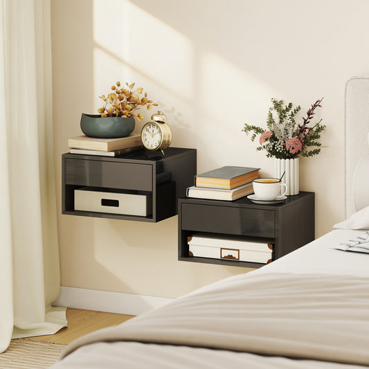HOMCOM Floating Bedside Tables Set Of 2 Wall Mounted Nightstands With Drawer And Open Shelf High Gloss Black