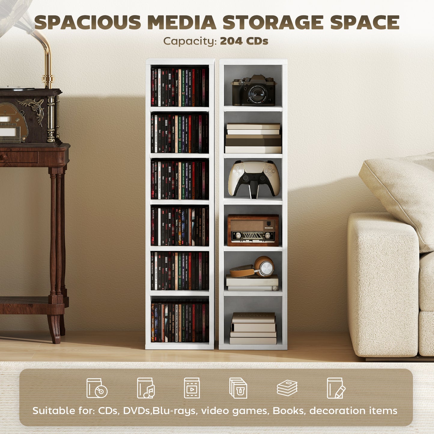 HOMCOM Set of 2 CD Media Display Shelf Units Tower Rack with Adjustable Shelves White