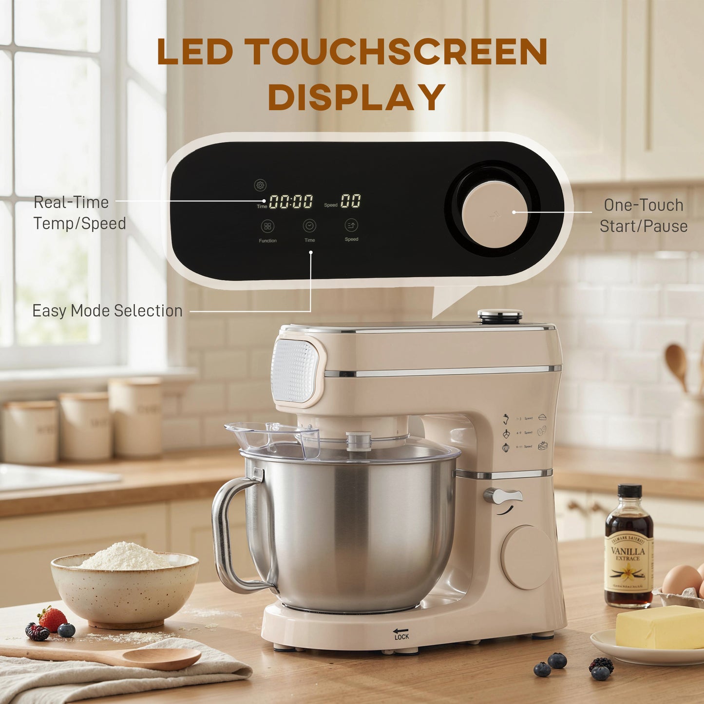 HOMCOM Stand Mixer 6L 1400W Tilt Head Food Mixer With 11 Speeds Pulse Fermentation Function LED Display Cream