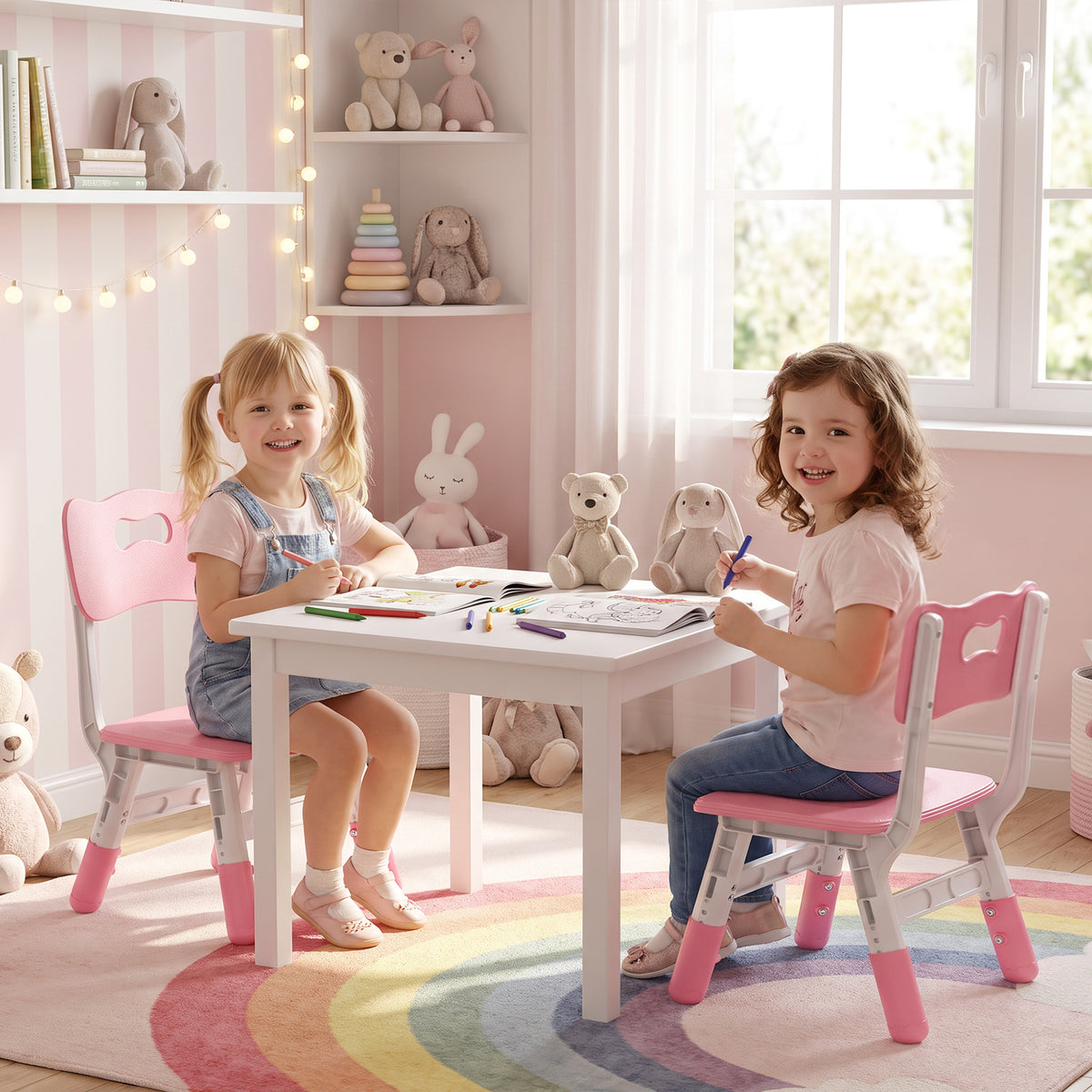 Set of 2 kids chairs, pink backrests, height-adjustable seat with plastic frame.