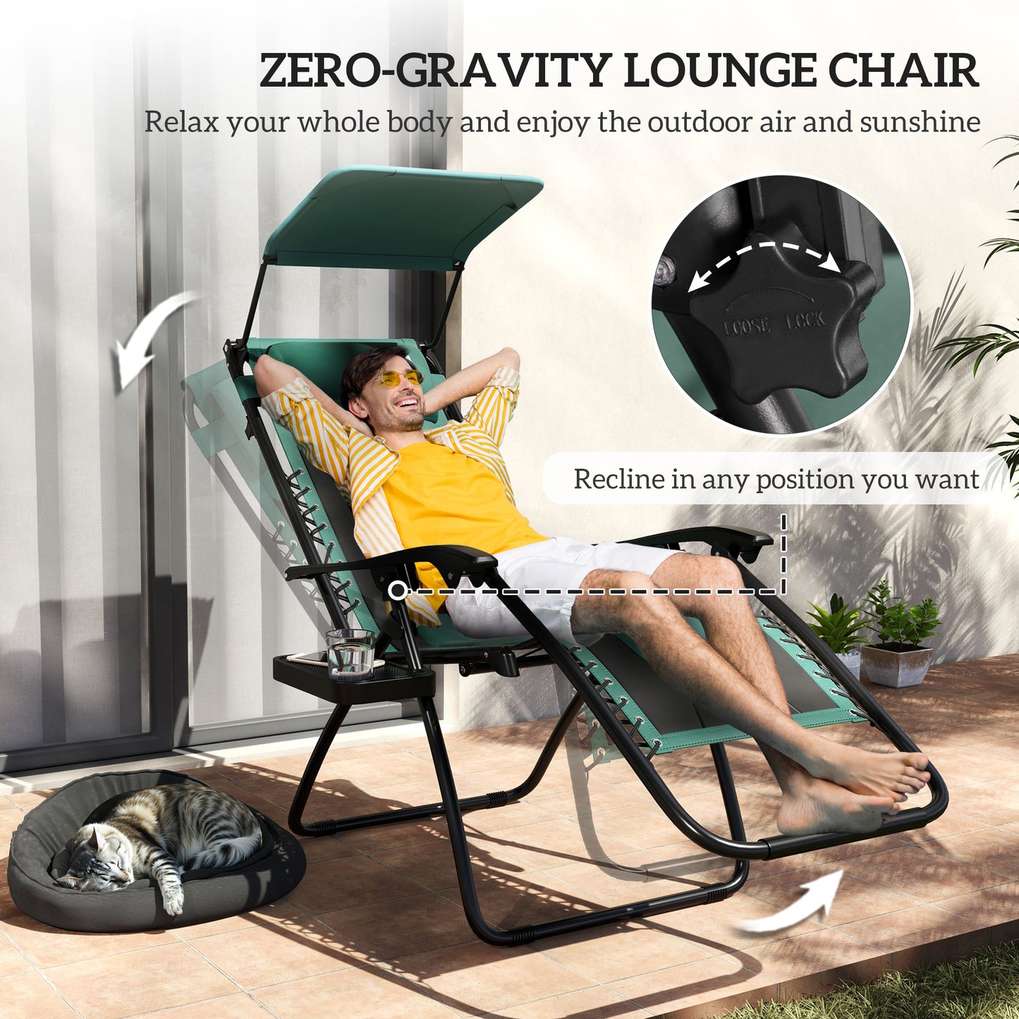 Outsunny Zero Gravity Lounger Set Of 2 Folding Patio Chairs With Shade Cover Padded Seats Cup Holder For Camping Green