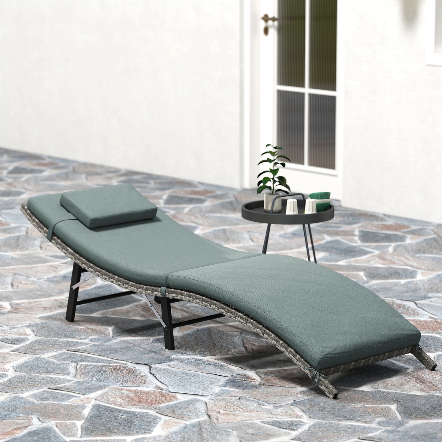 Outsunny Rattan Folding Sun Lounger Outdoor Chair With Cushion And Pillow Mixed Grey Weather Resistant