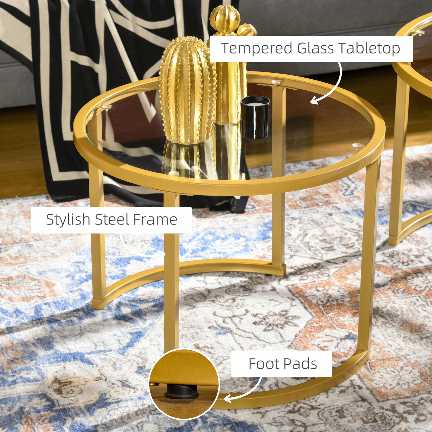 HOMCOM Nest of Tables Coffee Table Set of 2 With Tempered Glass Tops and Gold Tone Steel Frame for Living Room