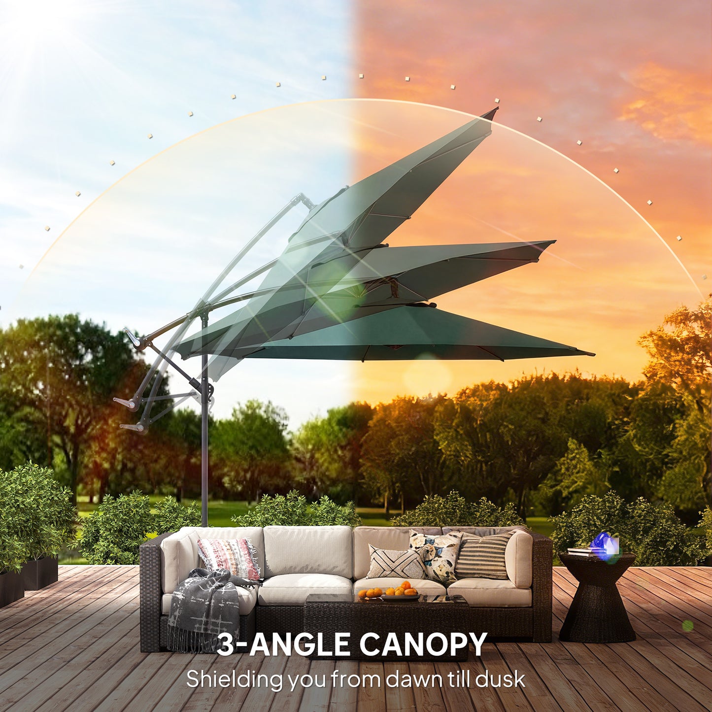 Outsunny 3 M Overhanging Cantilever Parasol With Cross Base Dark Green UV Resistant Outdoor Garden Shade