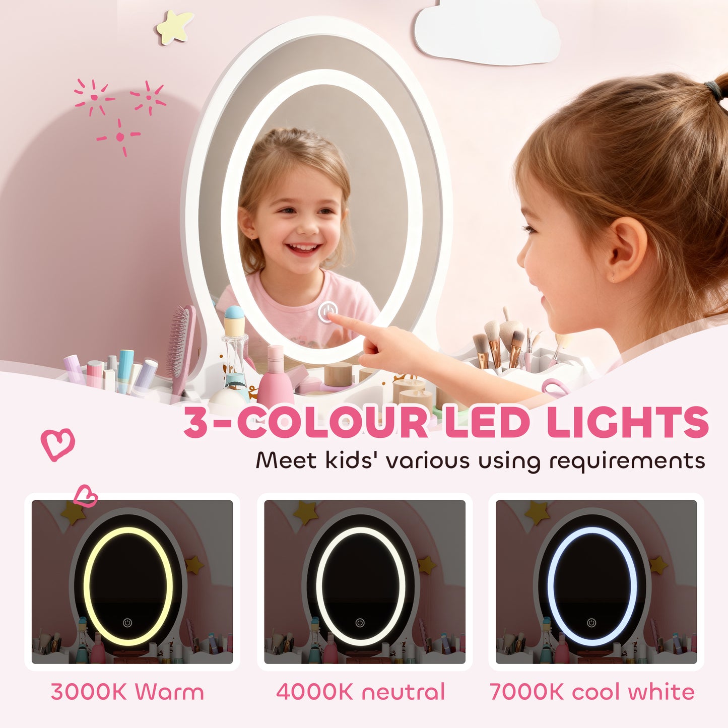 AIYAPLAY Kids Vanity Table And Chair Set With 3 Color LED Lights Mirror And Storage Drawers For Ages 3 And Up White