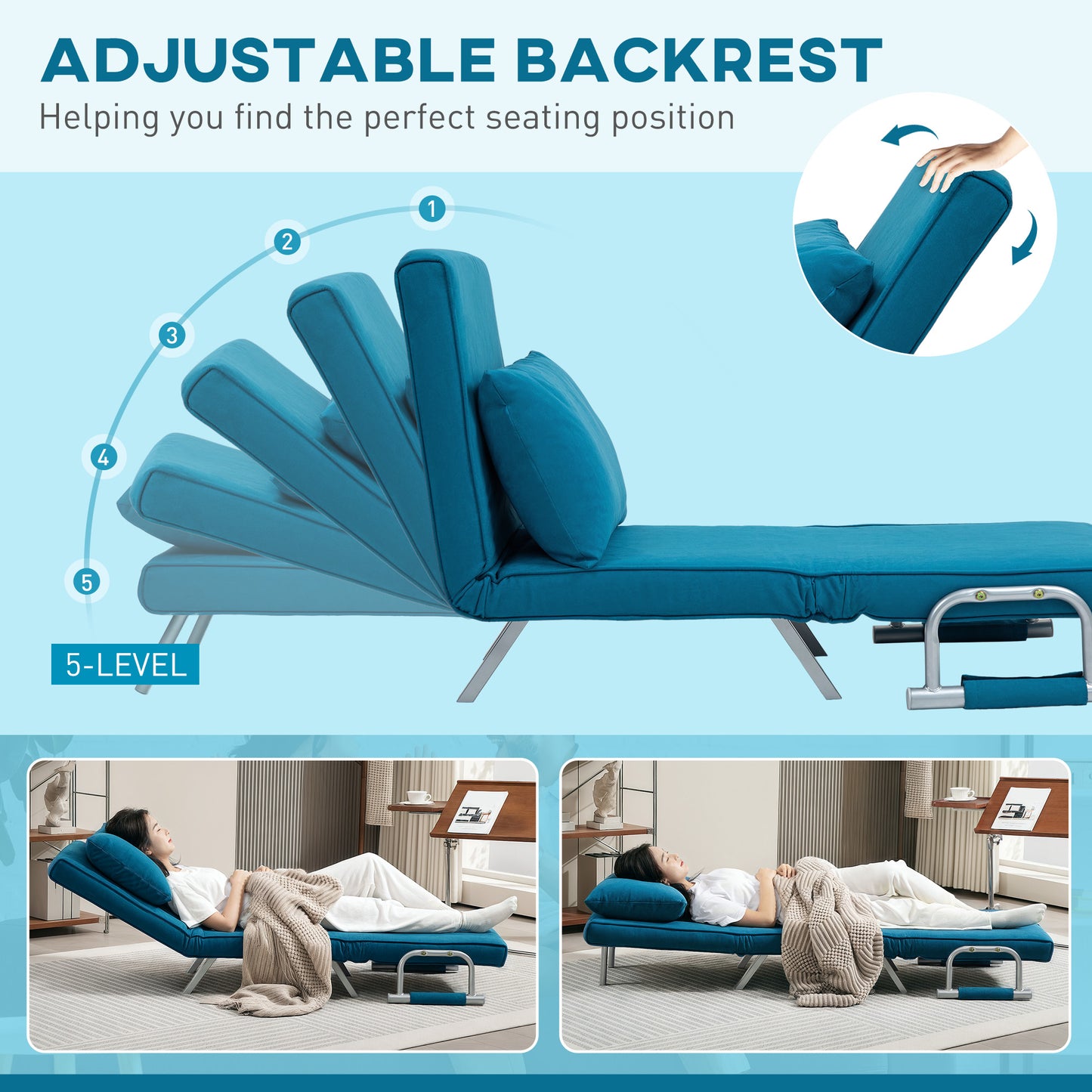 HOMCOM 4 In 1 Faux Suede Chair Bed Blue With Click Clack Design And Five Position Adjustable Back