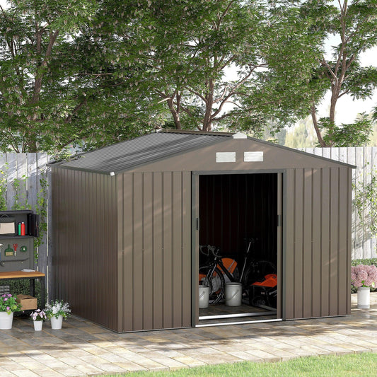 Outsunny 9 X 6FT Outdoor Storage Garden Shed Sliding Door Galvanised Metal Brown - ALL4U RETAILER LTD