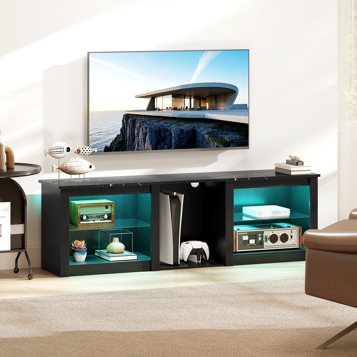 HOMCOM 65 Inch TV Stand With USB Powered RGB LED Lights 22 Modes 7 Colours Storage Black Finish