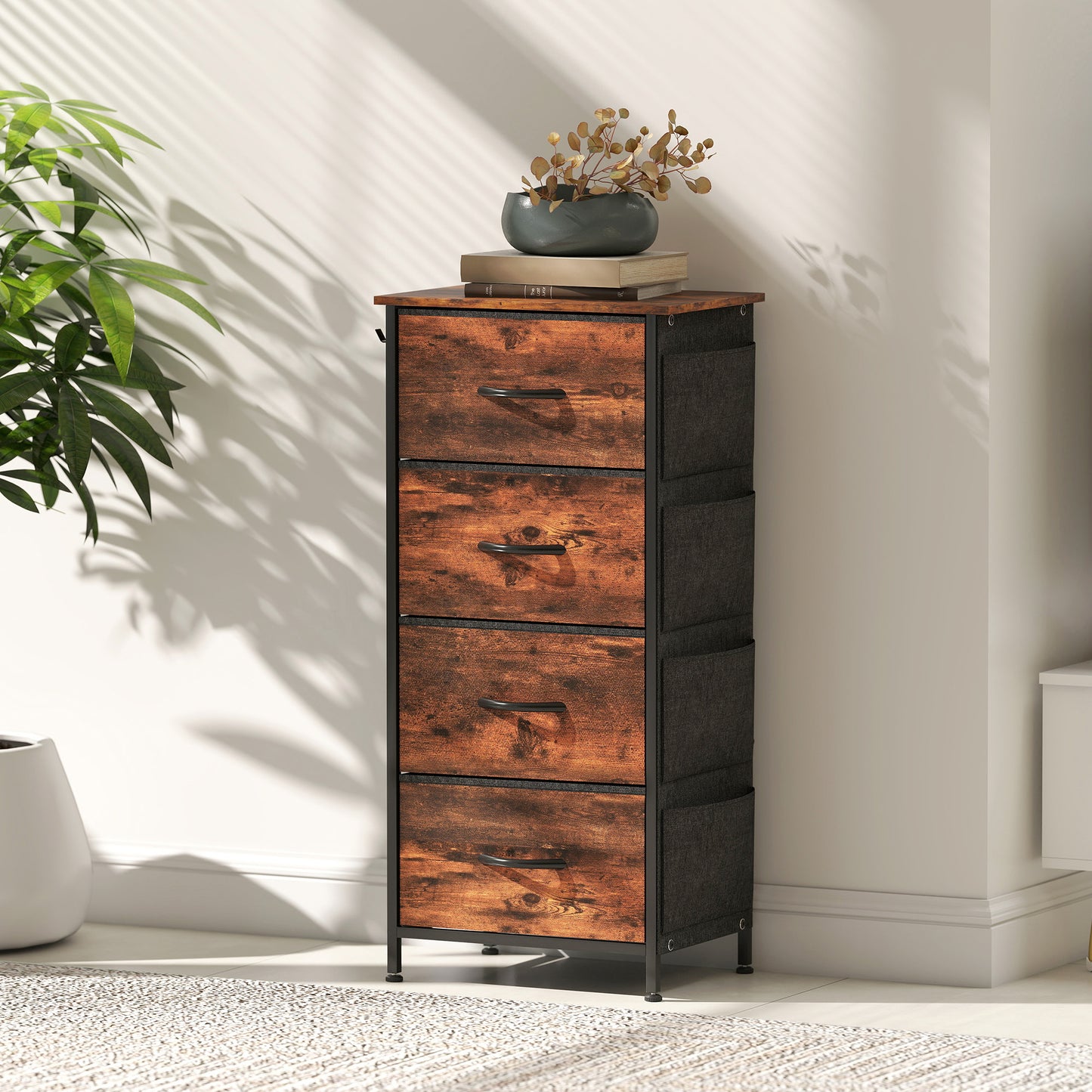 HOMCOM Chest Of Four Fabric Drawers With Steel Frame And X Shaped Support Bars For Bedroom Storage Rustic Brown