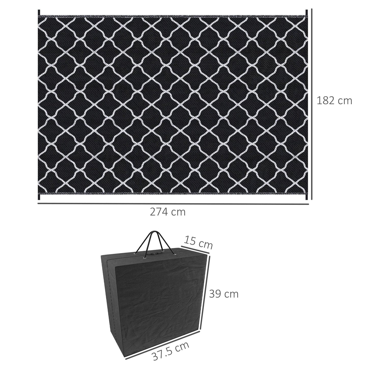 Outsunny Reversible Waterproof Outdoor Rug W/ Carry Bag, 182 x 274 cm, Black - ALL4U RETAILER LTD