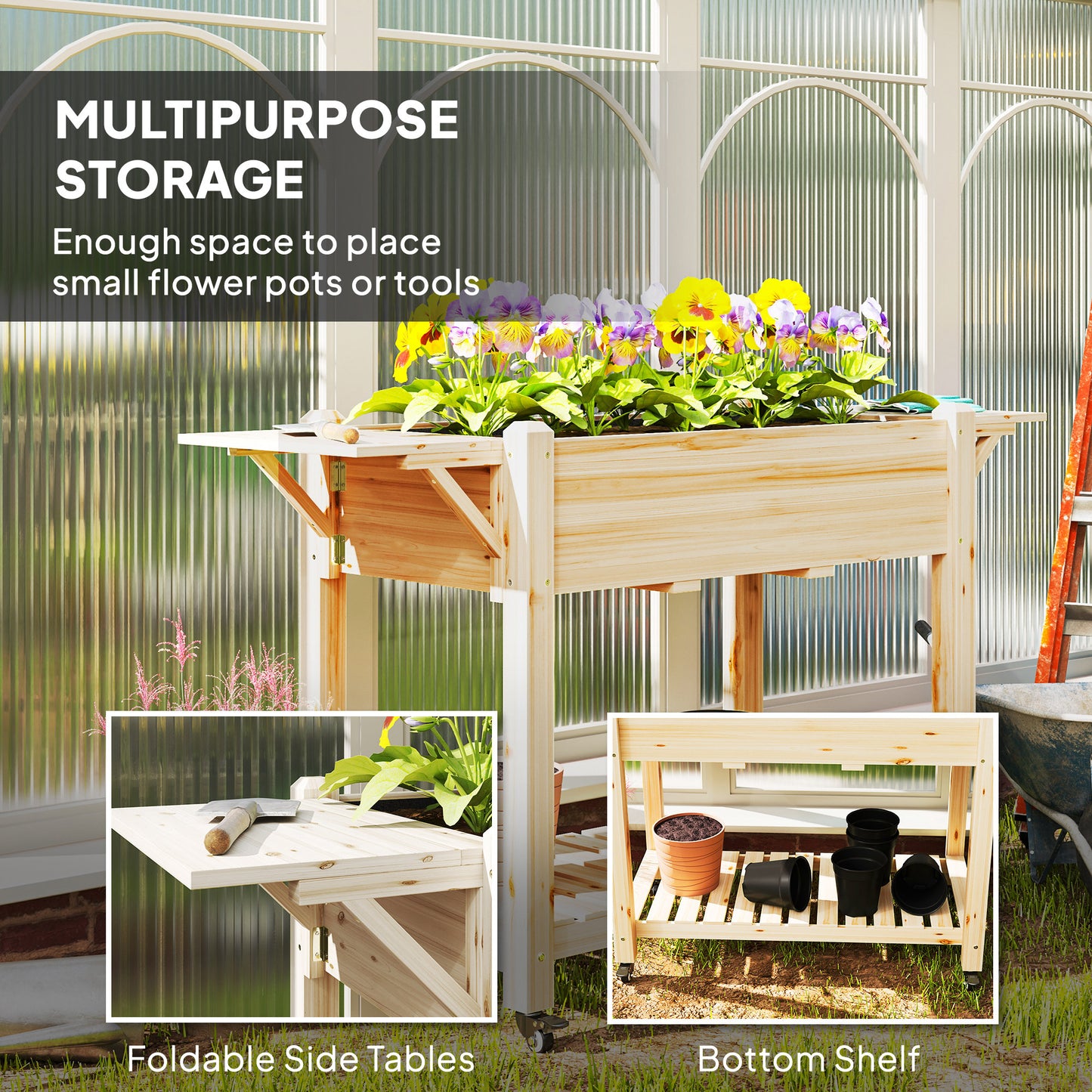 Outsunny 46 x 94cm Wooden Raised Planter With Shelves Natural Finish For Garden Patio Balcony Outdoor Use