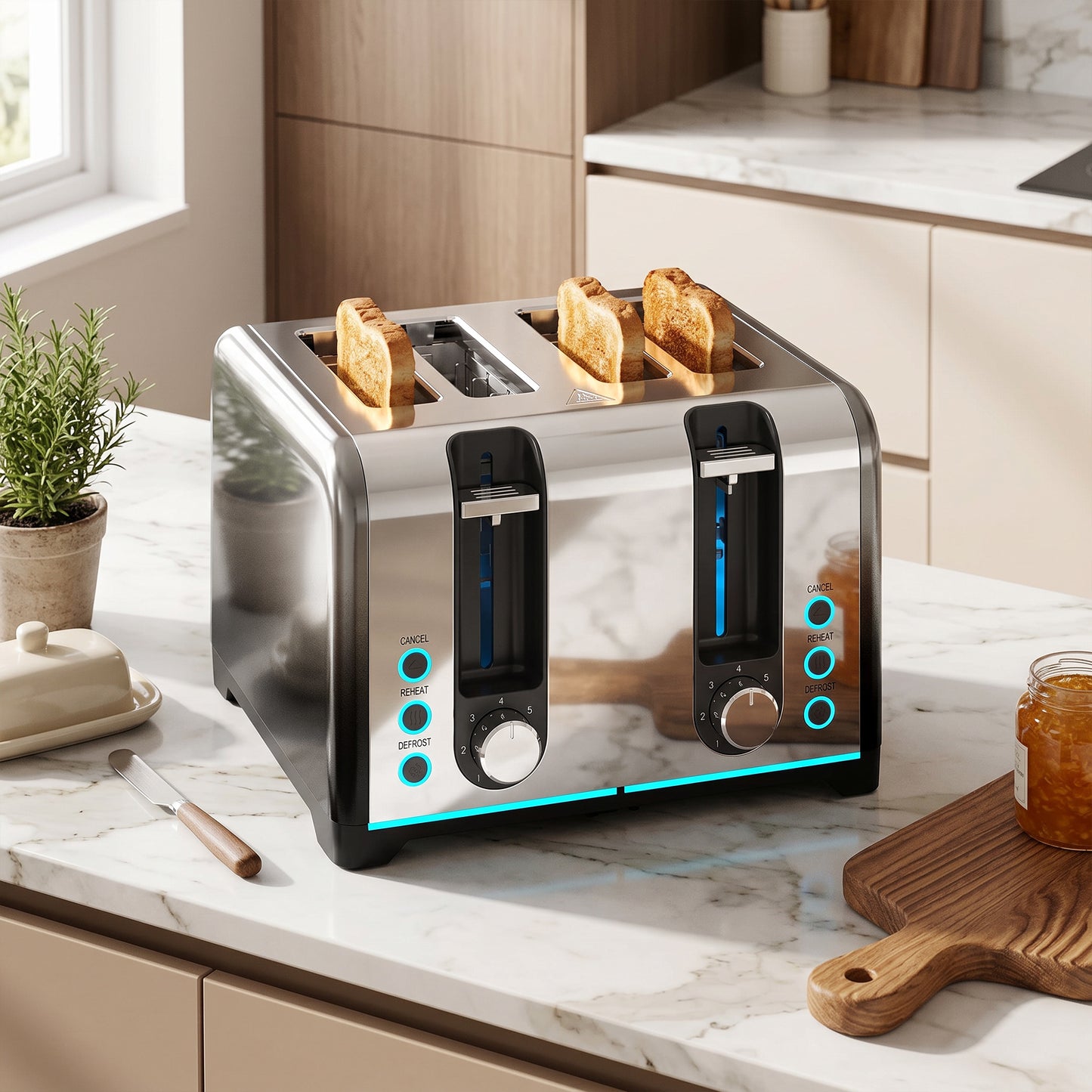 HOMCOM 4 Slice Toaster with 7 Browning Levels Reheat Defrost and Cancel Functions for Even Toasting