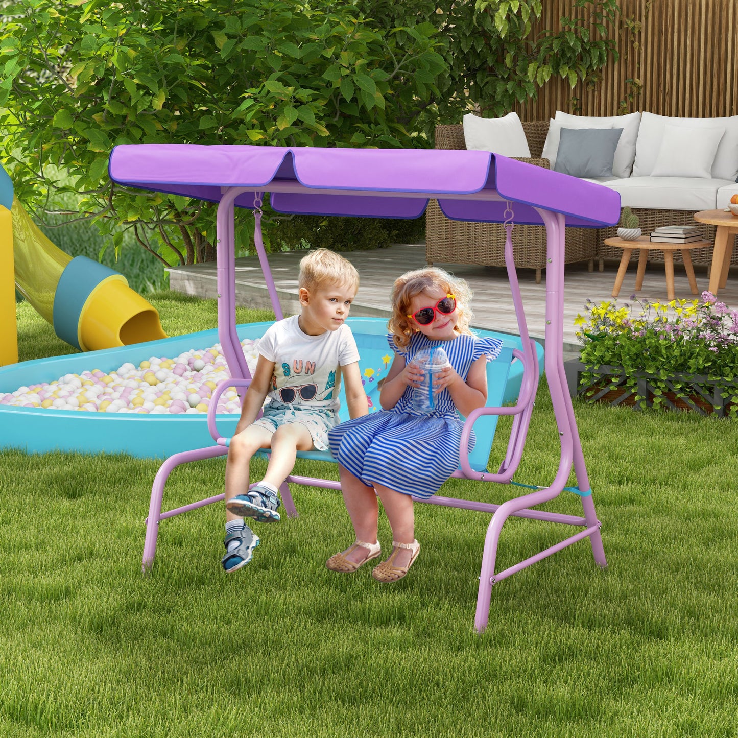 Outsunny Fairy-Themed Double-Seat Kids Swing Chair with Adjustable Canopy and Safety Belts for Outdoor Fun - ALL4U RETAILER LTD