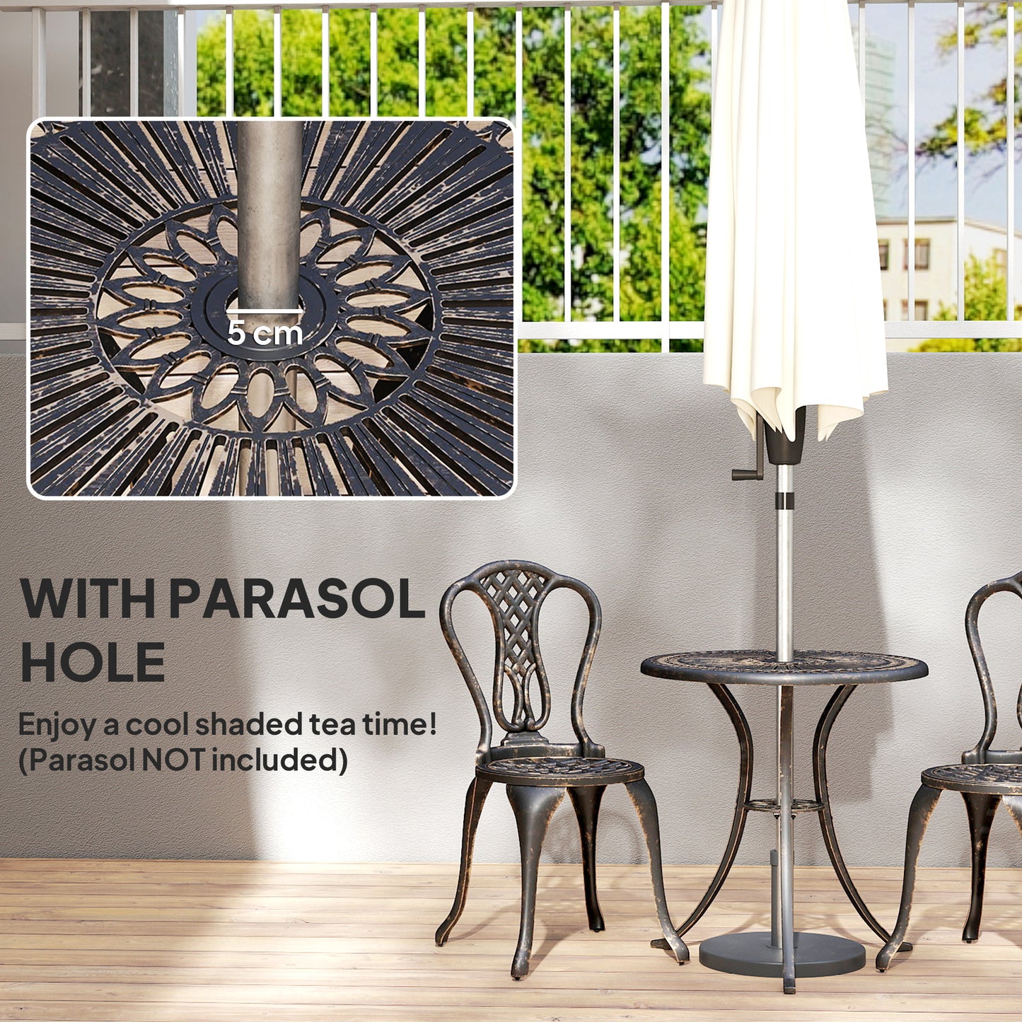 Outsunny Outdoor Bistro Set for 2 Cast Aluminum Patio Furniture Round Table with Umbrella Hole Brown