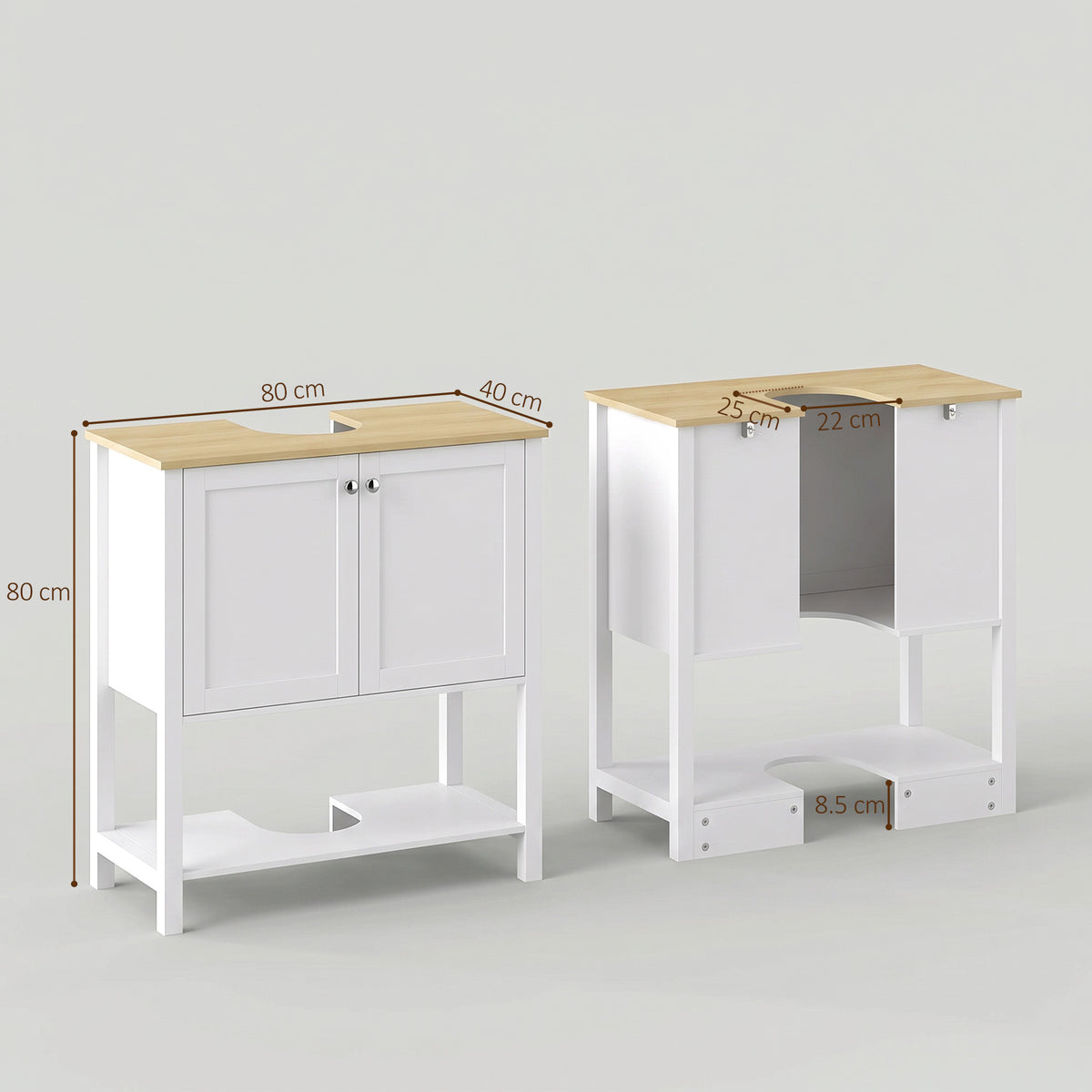 White under-sink cabinet with two doors, wood top, U-cutout, open shelf, dimensions.