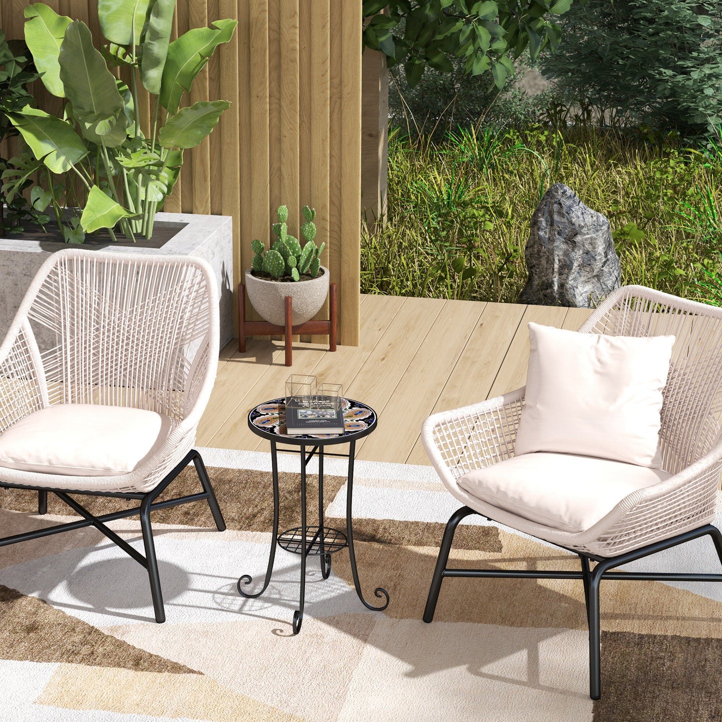 Outsunny Mosaic Round Garden Table With Shelf 35.5 cm Ceramic Tile Top Outdoor Patio Side Table Orange