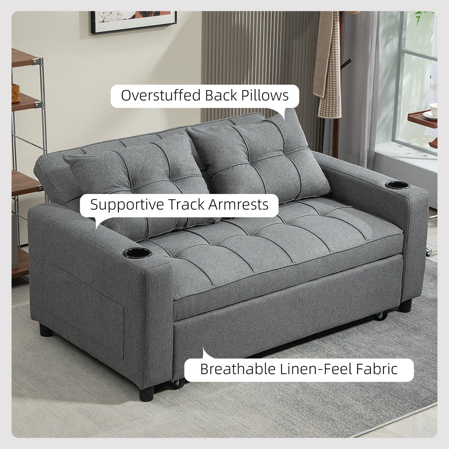 HOMCOM Two Seater Pull Out Sofa Bed Charcoal Grey Adjustable Back Linen Look Upholstery