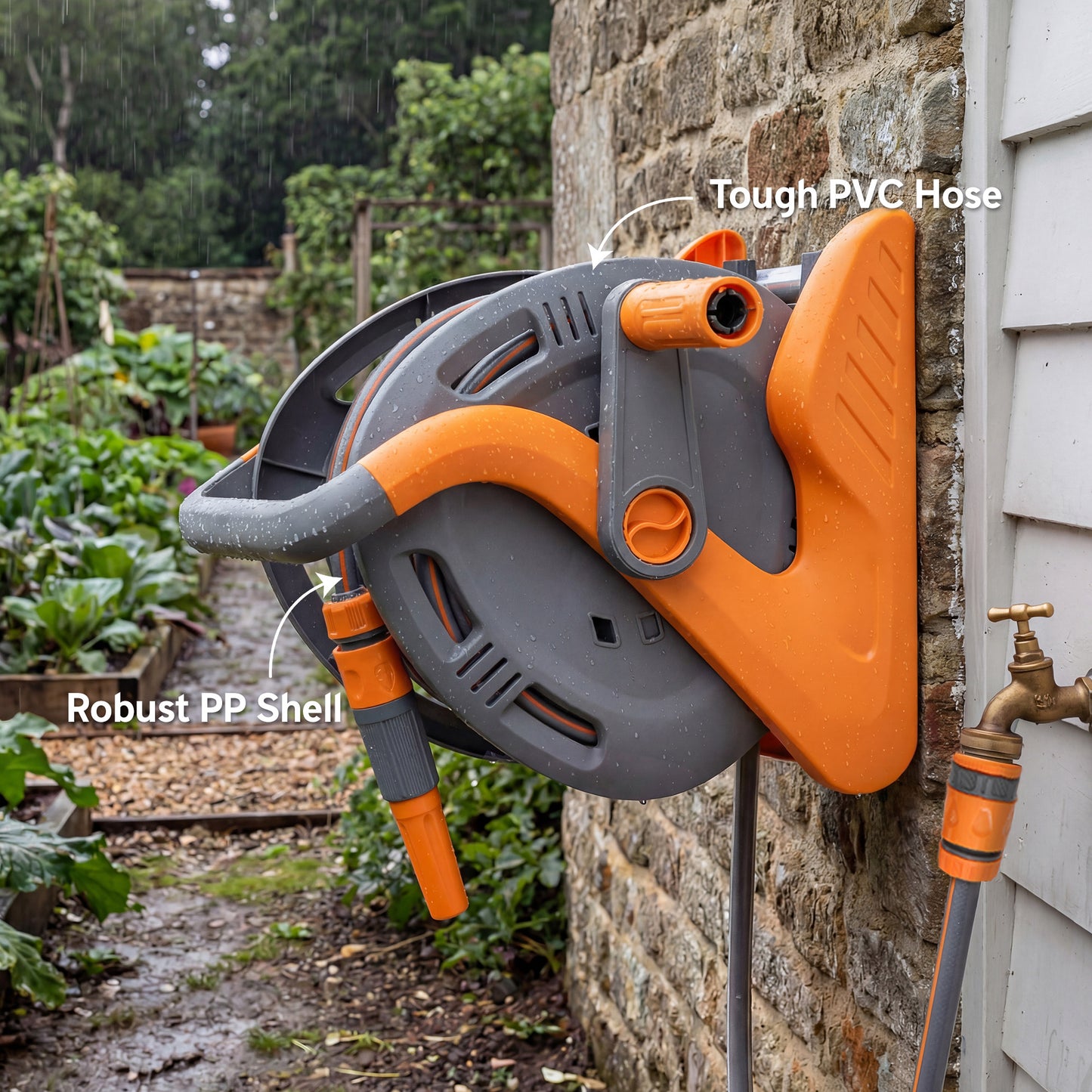 Outsunny Wall Mounted Garden Hose Reel 20m Plus 2m With Crank Handle And Dual Pattern Spray Nozzle Orange