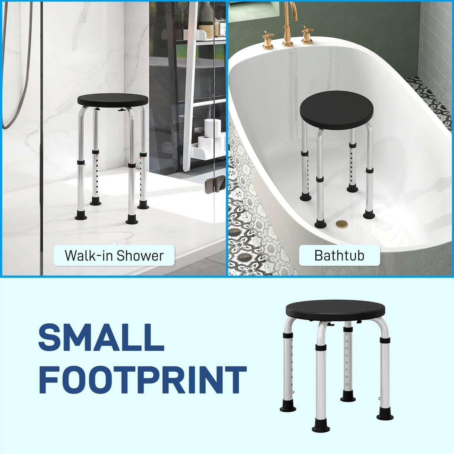HOMCOM Adjustable Shower Stool with Non-Slip Feet for Elderly and Disabled, Black Aluminium Design - ALL4U RETAILER LTD