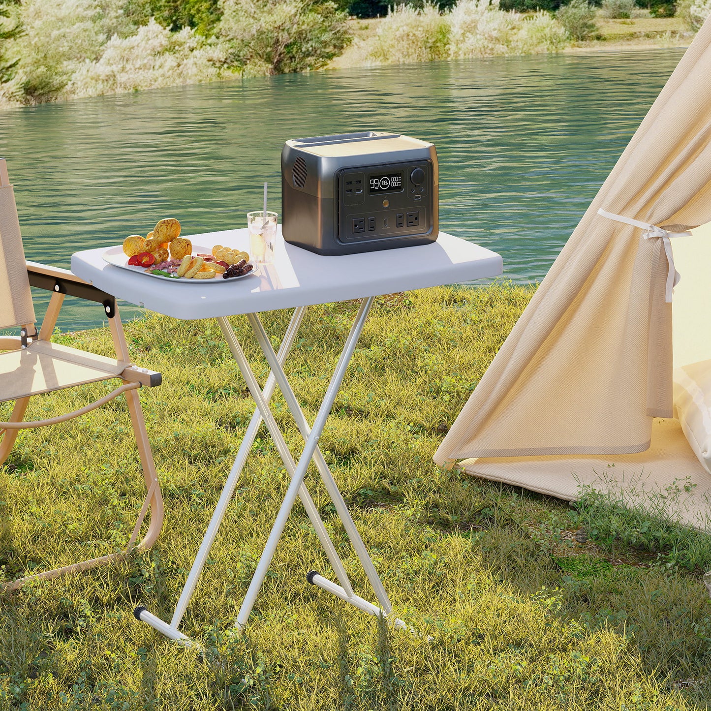 Outsunny Minimal Folding Outdoor Table White Portable Compact Lightweight With Powder Coated Metal Frame And Plastic Top
