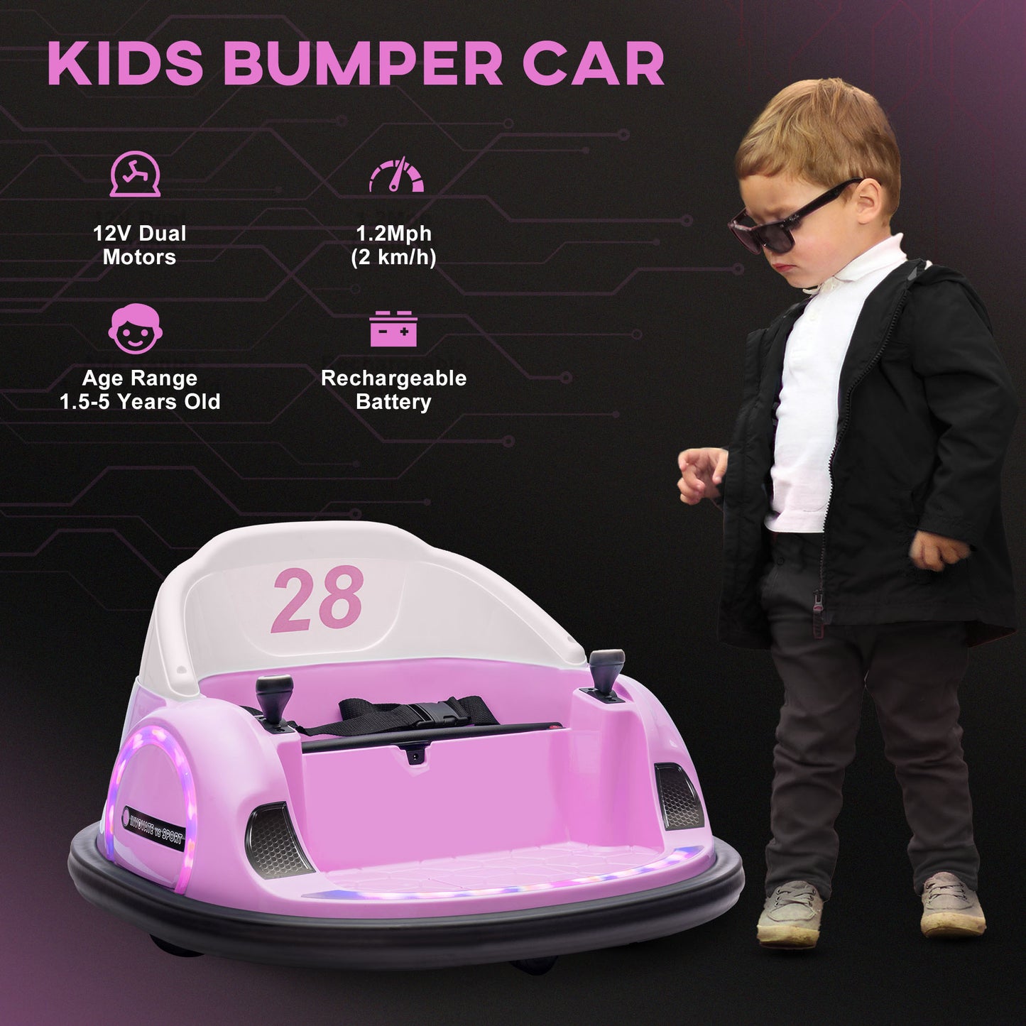 AIYAPLAY 360° Rotating Kids Bumper Car with Remote Control, Dual Joysticks, and LED Music Lights - Pink