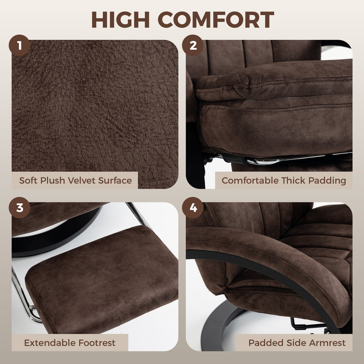Dark brown velvet swivel recliner chair showing plush surface, padding, and retractable footrest