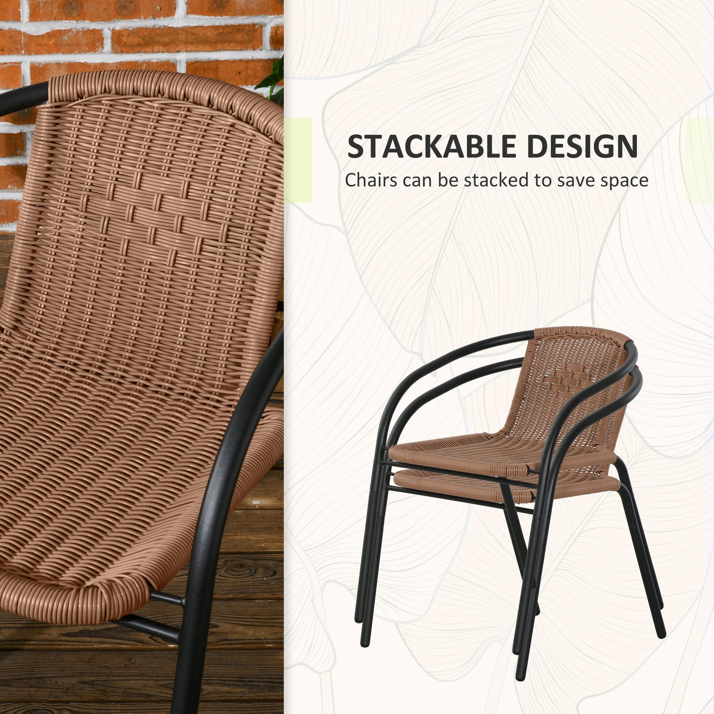 Outsunny 3 Piece Rattan Bistro Set Brown with Tempered Glass Table for Patio Garden Outdoor