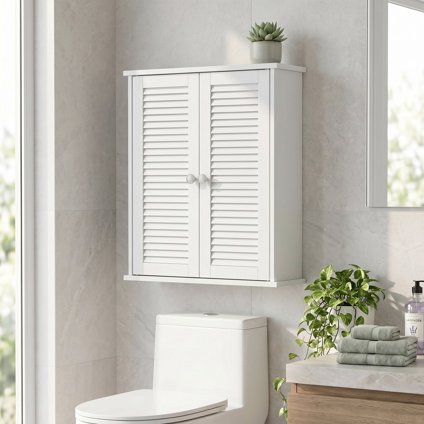 HOMCOM White Bathroom Wall Cabinet With Louvered Doors And Adjustable Shelf For Bathroom Storage