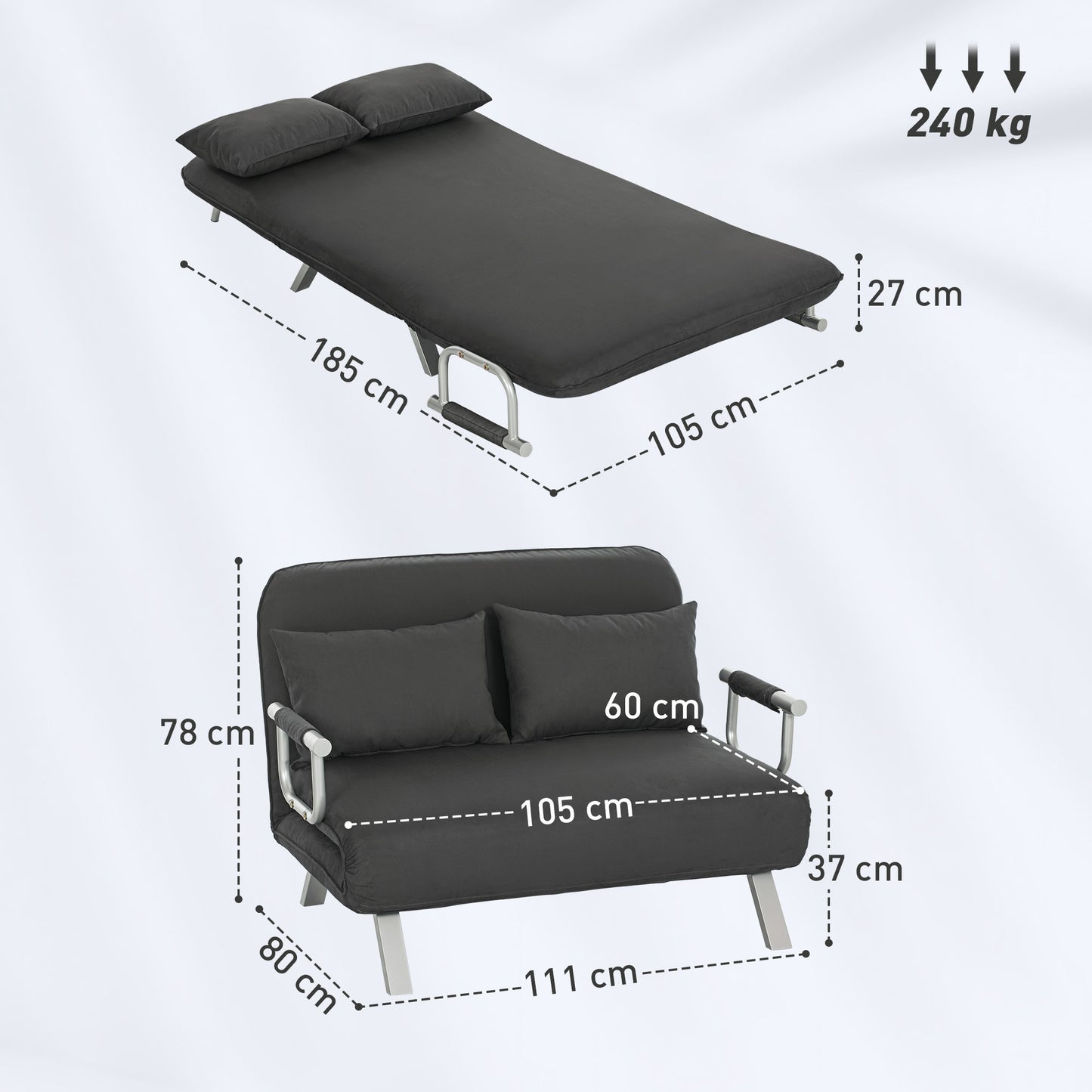 HOMCOM Two Seater Click Clack Sofa Bed Charcoal Grey Faux Suede Upholstery With Five Position Adjustable Back