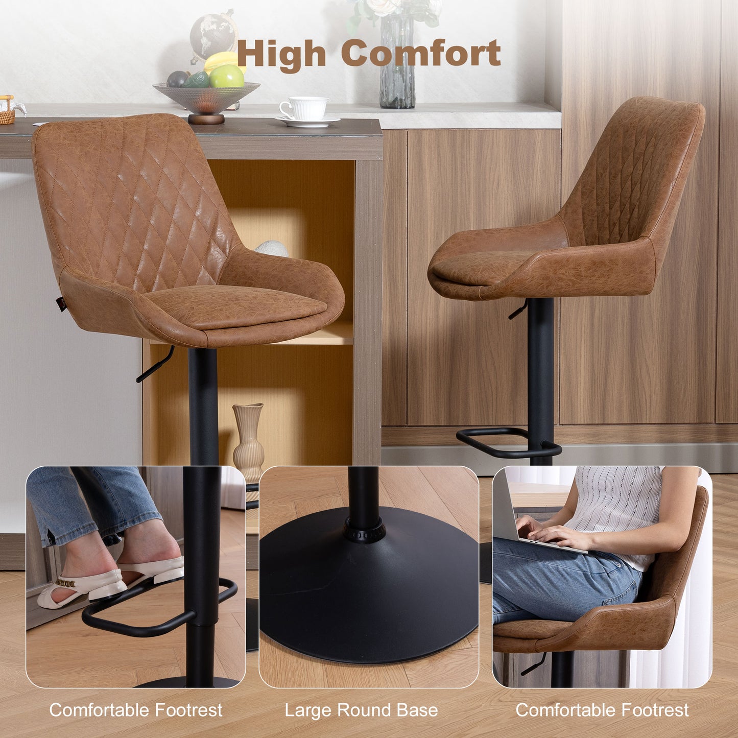 HOMCOM Set of Two Faux Leather Retro Bar Stools Orange With Padded Seats High Back Adjustable Height 63-83 cm