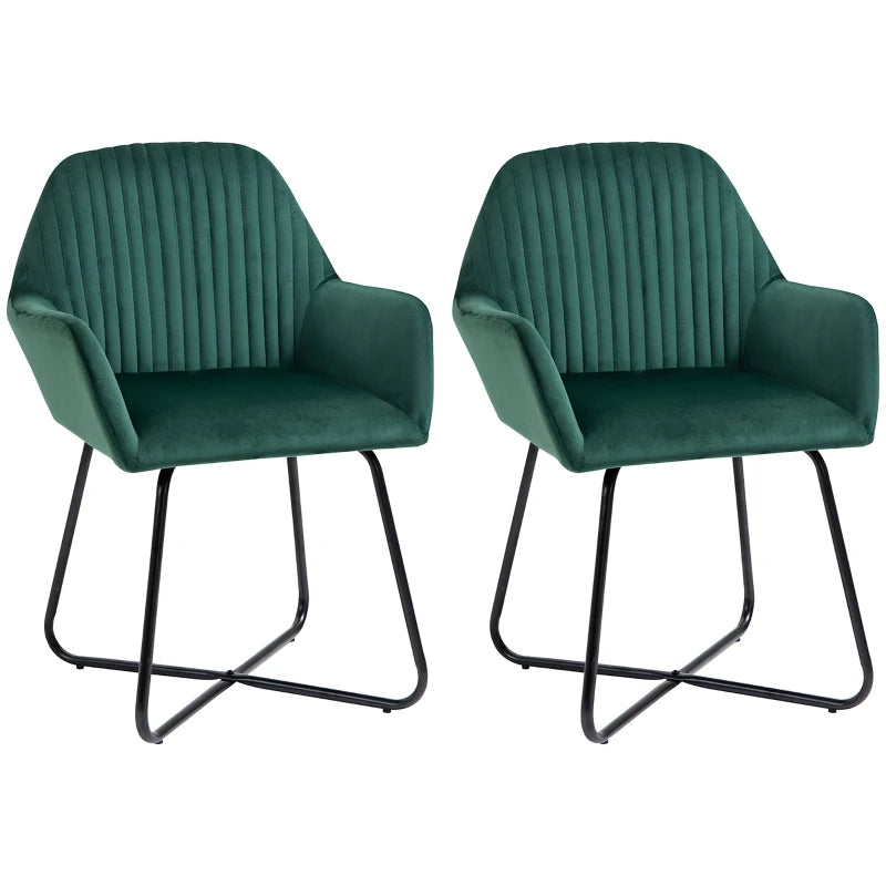 HOMCOM Set Of 2 Modern Accent Chairs in Green Velvet-Touch Fabric Upholstery, with Sleek Metal Bases for Living, Bedroom, and Dining Rooms - ALL4U RETAILER LTD