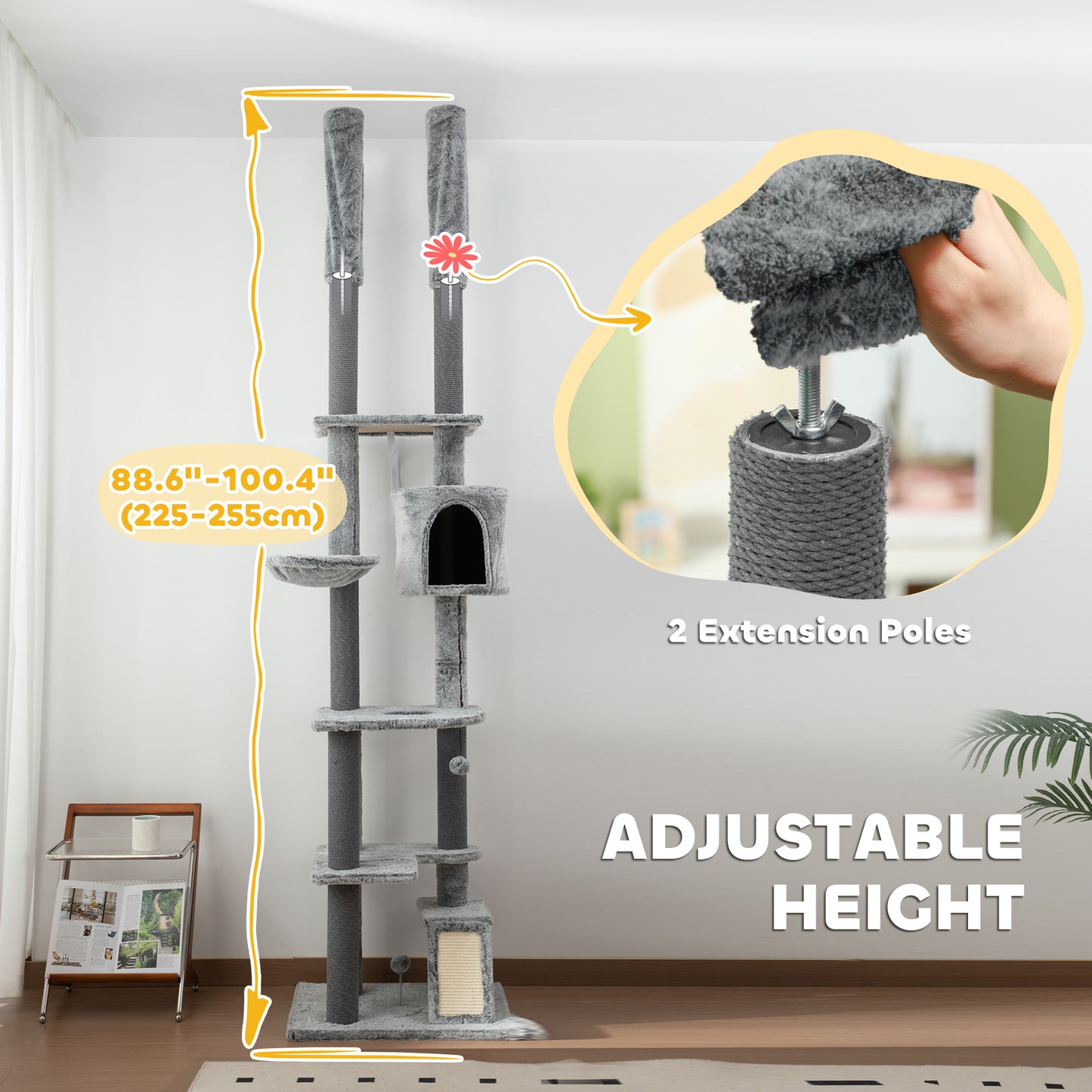 PawHut Adjustable Height Cat Tower with Scratching Posts, Condo, and Ramp - Floor-to-Ceiling Design