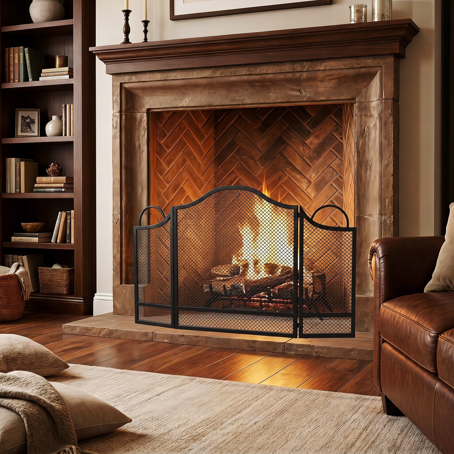 HOMCOM Floral Folding Fireplace Screen Heat Resistant Black