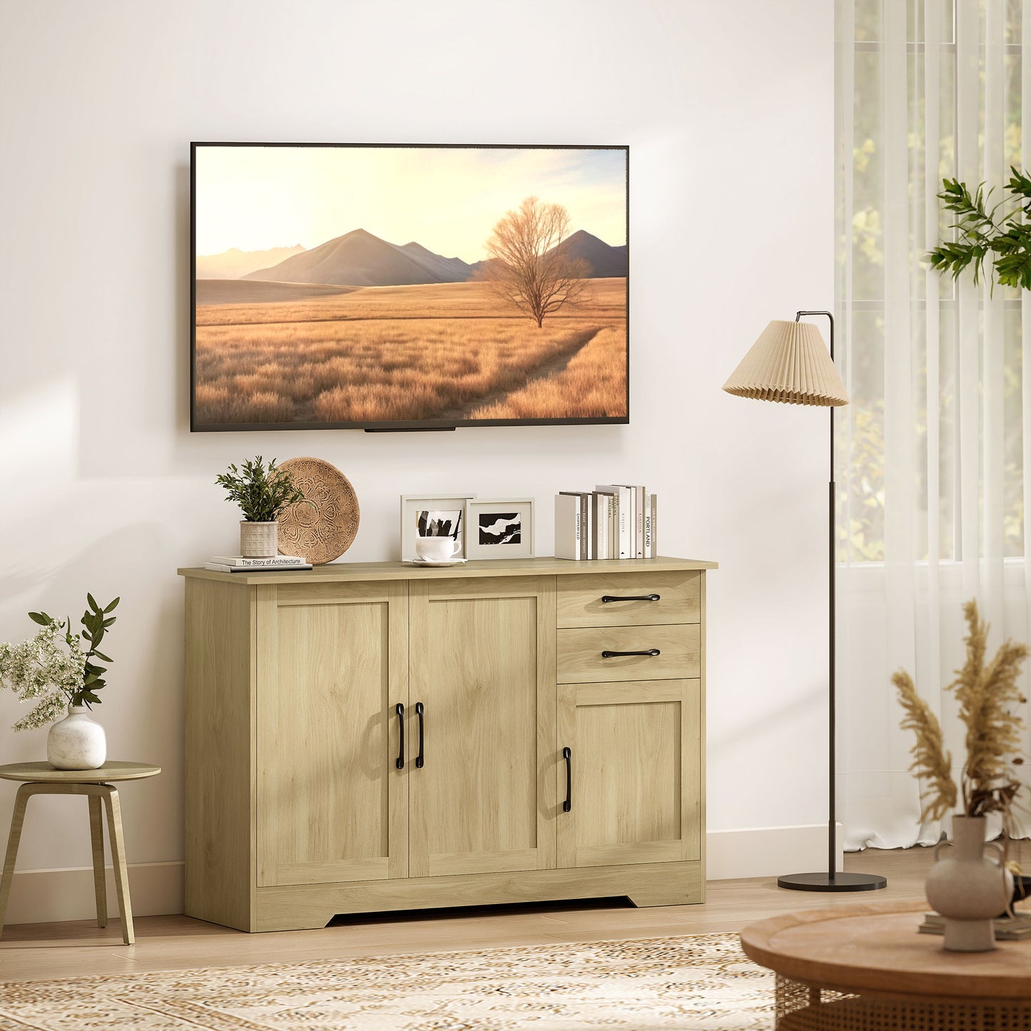 HOMCOM Sideboard With 2 Drawers And 3 Doors Modern Storage Cabinet With Adjustable Shelf Natural Finish