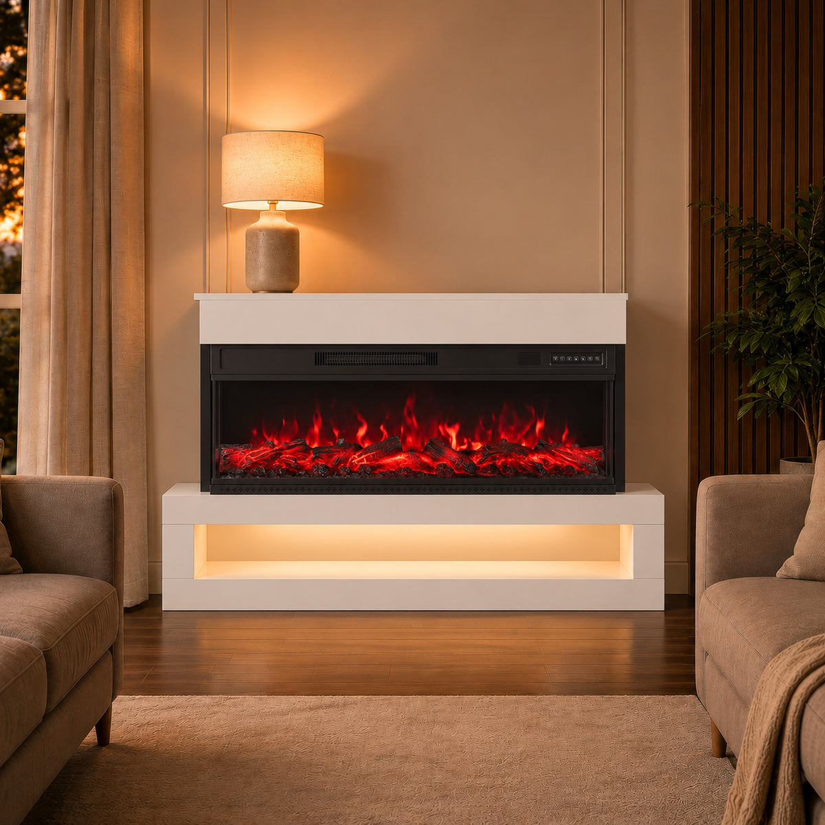 White electric fireplace with glass-front red flame insert and white mantel