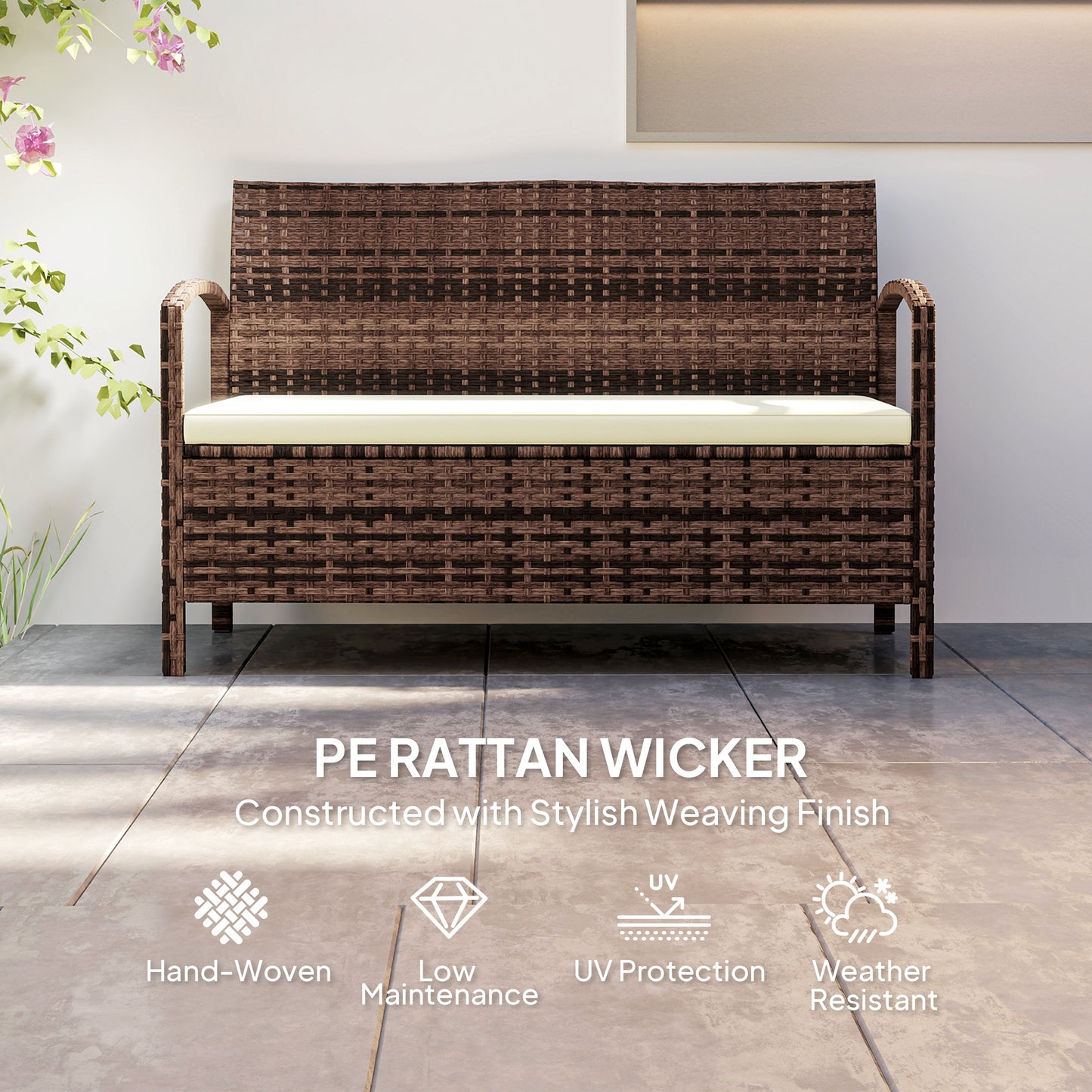 Outsunny 125L Storage Garden Bench With Cushion Brown Rattan Outdoor Two In One Design